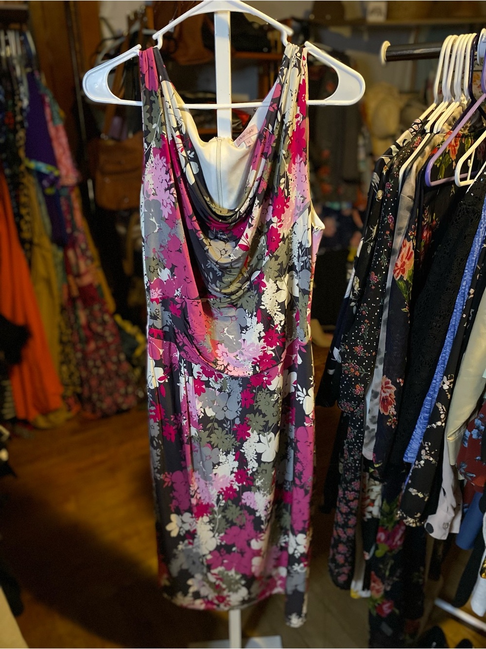 Draped Back Floral Midi Dress in Pink and Gray